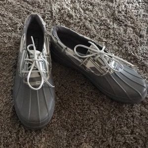 Grey and white Sperry waterproof rubber boot